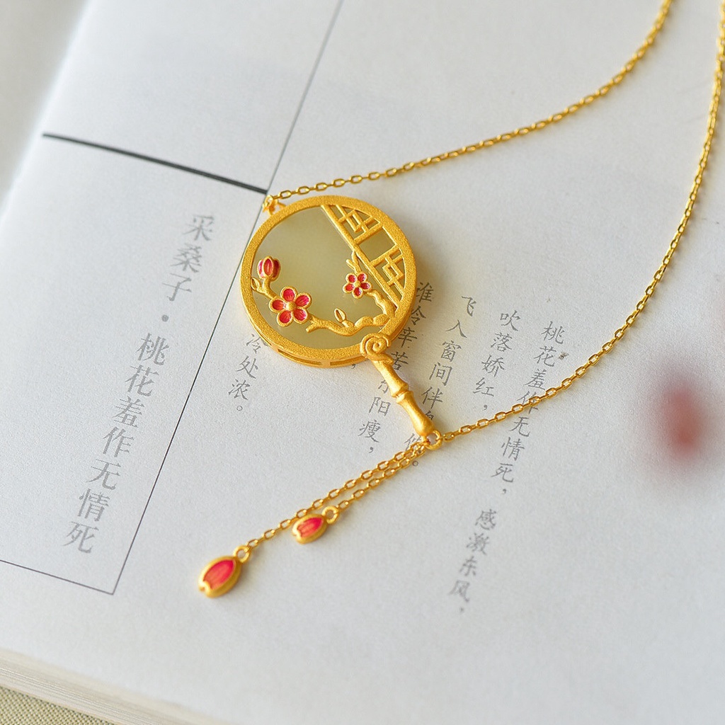 Goldkingdom Fashion Perhiasan Aksesoris Ready Stock Vintage Kalung Gaya Wanita Alami Hetian Giok Datar Enamel Group Kipas Liontin Plum Gelang Set