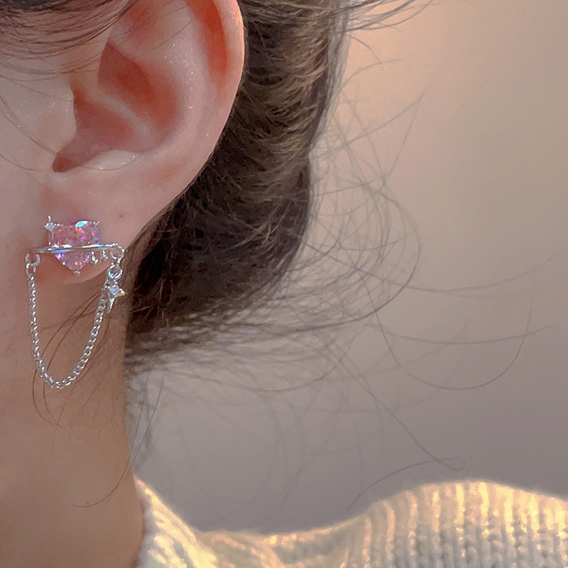 Anting Hati Zirkon Pink Manis Silver Rumbai Drop Earring Untuk Aksesoris Perhiasan Wanita