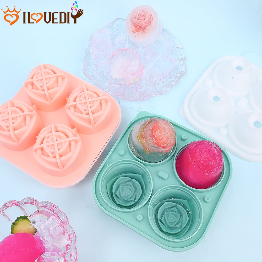 Reusable Ice Cream Making Cup Easy-Demoulding Juice Model Hoki Silikon Food Grade Cetakan Es Batu 4 Cavity Bunga Mawar Icy Ball Mold Untuk Rumah Pub Dessert Shop