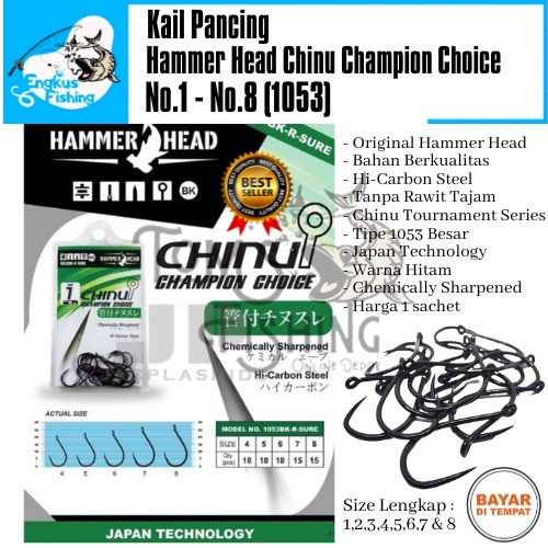 Kail Pancing Hammer Head Chinu Champion Choice 1053 Besar (No.1 - No.8) Hitam Tanpa Rawit - Engkus Fishing