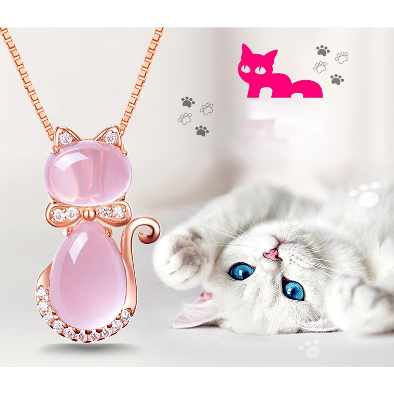 Goldkingdom Fashion Perhiasan Aksesoris Ready Stock Korea Kalung Lapis Rose Gold Furong Batu Bubuk Kristal Kucing Wanita Liontin Kalung Rantai Perhiasan Liontin