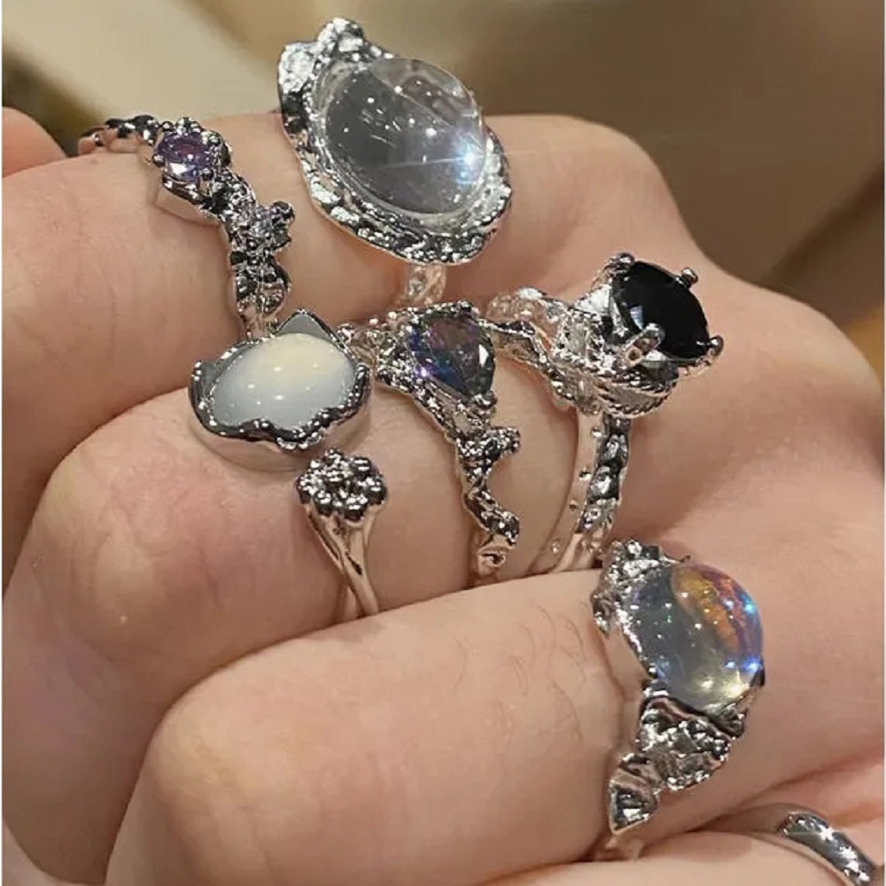 Mewah Batu Permata Perak Cincin Set Untuk Wanita Fashion Opal Jantung Ikatan Simpul Jari Cincin Perhiasan Aksesoris