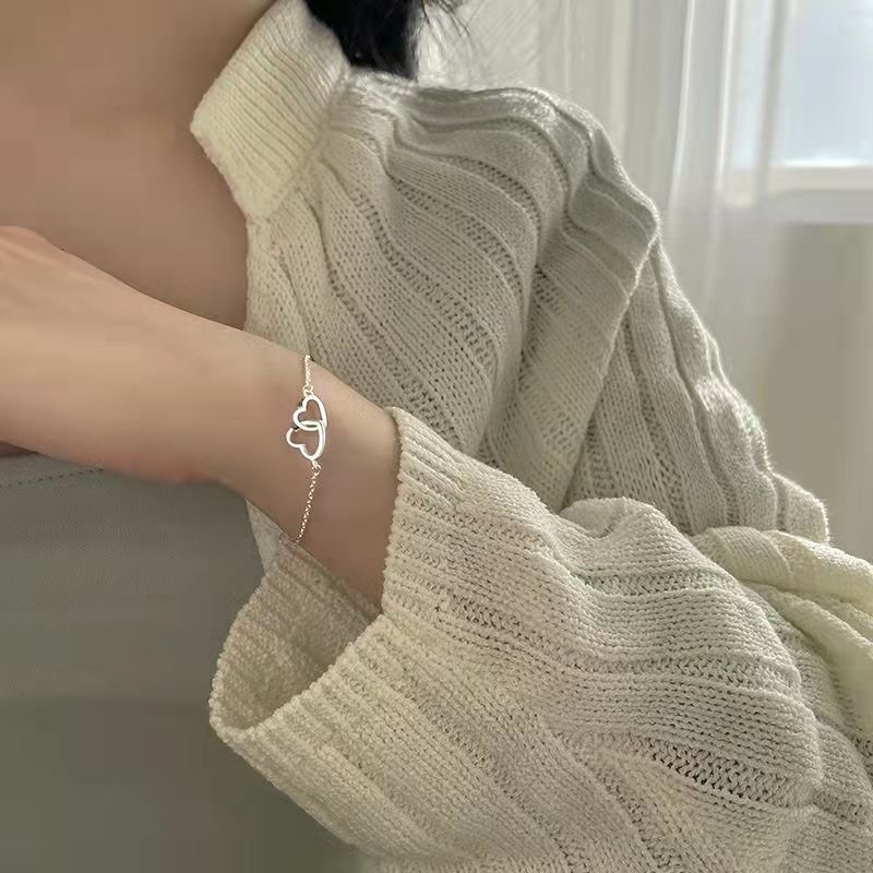 Versi Korea Berongga Peach Hati Ganda Gelang Berbentuk Hati Perempuan Gaya Keren ins Sederhana Gaya Niche Ringan Tipis Gaya Cinta Hati Gelang