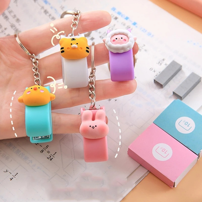 Kartun Hewan Lucu Mini Stapler Dengan Gantungan Kunci Kawaii Portable Pengikat Kertas Macaron Color File Organizer Alat Pengikat Kantor Siswa Perlengkapan Sekolah