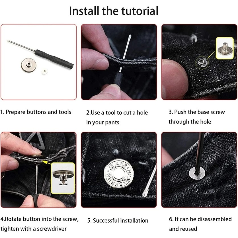 [Unggulan] 10pcsjeans Button Pins Snap Pengikat Celana Pin Bebas Paku Jeans Pinggang Gesper Reusable and Adjustable Metal Pants Button With screwdriver Detachable Jeans Screw Button