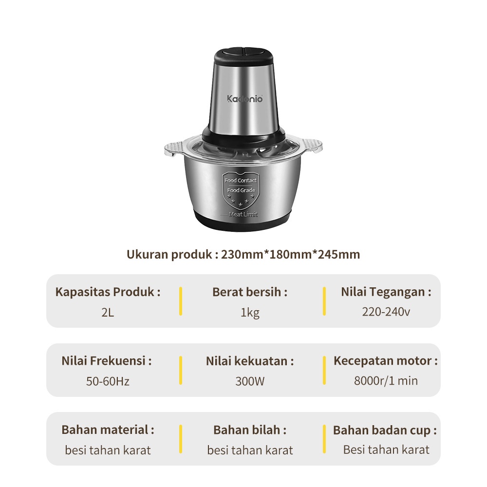 KADONIO Blender Daging Chopper Stainless 2L Penggiling Daging Multifungsi Meat Grinder KL-FB01