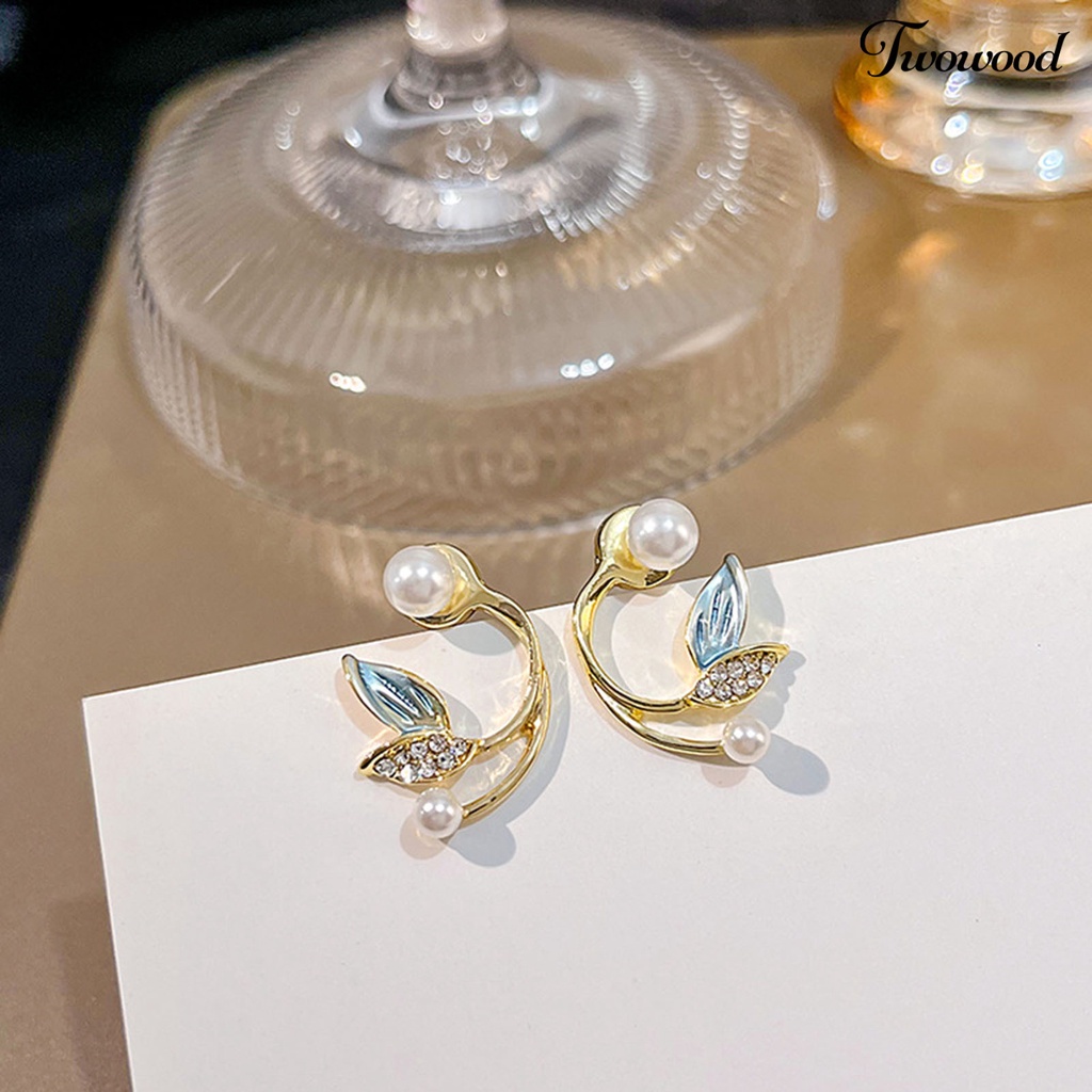 Twowood 1pasang Anting Tusuk Glitter Mutiara Imitasi Dekorasi Telinga Retro Temperamen Mermaid Tail Shape Rhinestone Earrings Untuk Perjamuan