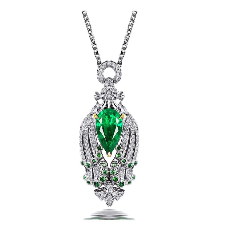 Goldkingdom Aksesoris Perhiasan Fashion Ready Stock Premium Jewelry Design Imitasi Natural Columbia Emerald Pendant Peacock Kalung Emerald