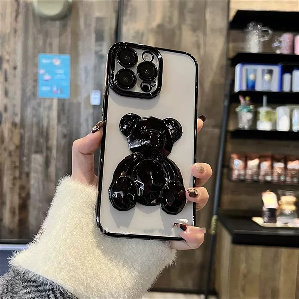 Luxury Metal 3D Cub Case iPhone 14 Pro Max Case iPhone 13 12 Pro Max Case14 Plus Promax Pelindung Kamera Lensa Case Iphone14 Transparan Shockproof TPU Penutup Belakang