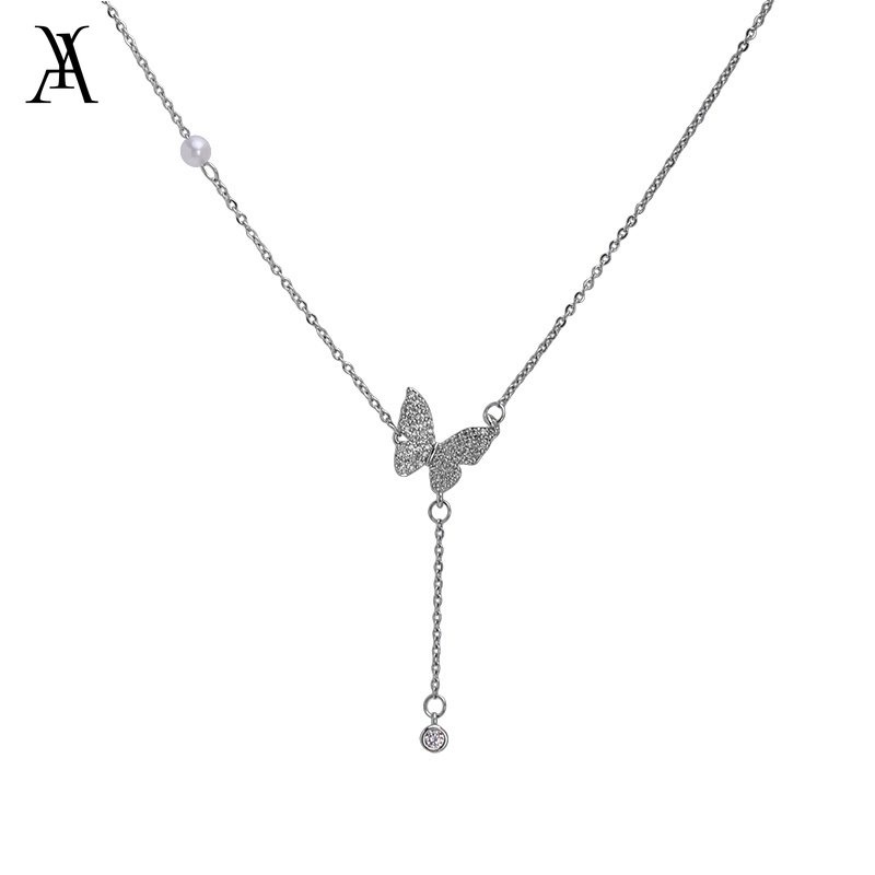 AY(CN) Kalung Rantai Choker Liontin Kupu-Kupu Hias Kristal Mutiara Warna Silver Untuk Wanita