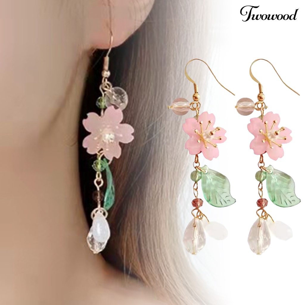 Twowood 1pasang Ladies Earrings Unik Chic Semua Pertandingan Panjang Elegan Hias Logam Bunga Sakura Menjuntai Anting Hadiah