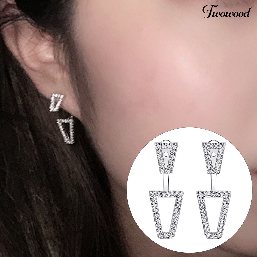 Twowood 1pasang Anting Tusuk Dual Wearing Ways Geometri Hadiah Warna Silver Berlian Imitasi Mengkilap Wanita Earrings Untuk Pacaran