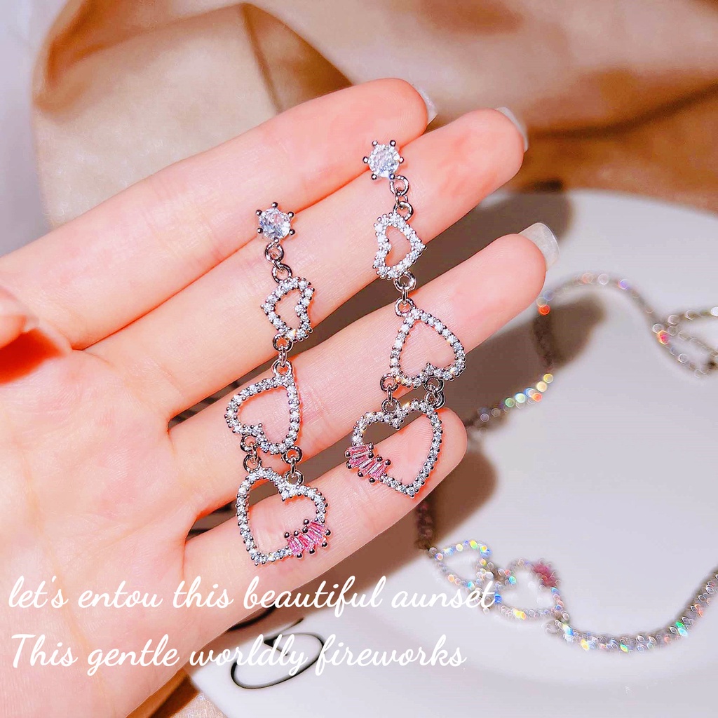 Goldkingdom Fashion Perhiasan Aksesoris Ready Stock Cahaya Desain Mewah Cinta Hati Anting Panjang Warna Premium Rasa Kerah Kalung T Square Pink Berlian Hati Perhiasan Set