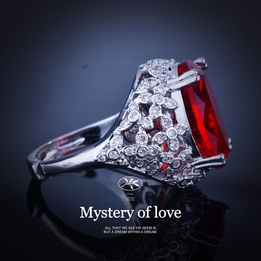 Goldkingdom Aksesoris Perhiasan Fashion Ready Stock Cincin Ruby Telur Burung Merpati Baru Mewah High-end Desain Jala Bawah Dengan Cincin Harta Karun Berwarna Isi Berlian Di Samping