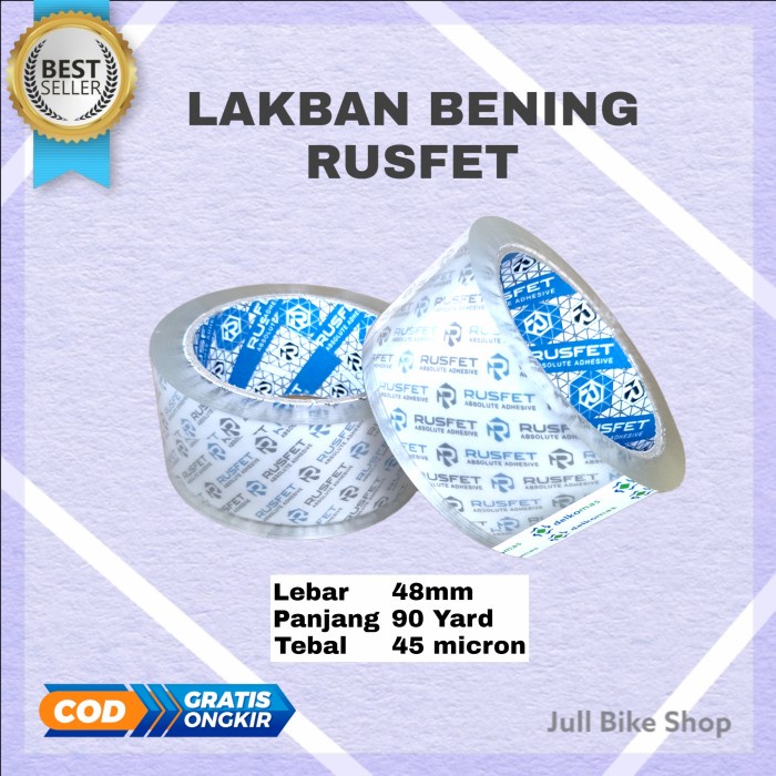 

Lakban bening isolasi RUSFET tebal 48mm packing clear 90 yard 48x90