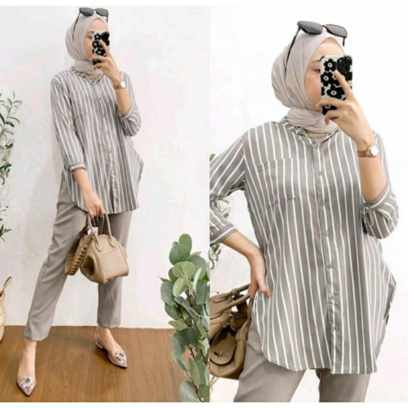 One Set Salur | One Set Kemeja Wanita Garis Salur trend Kekinian