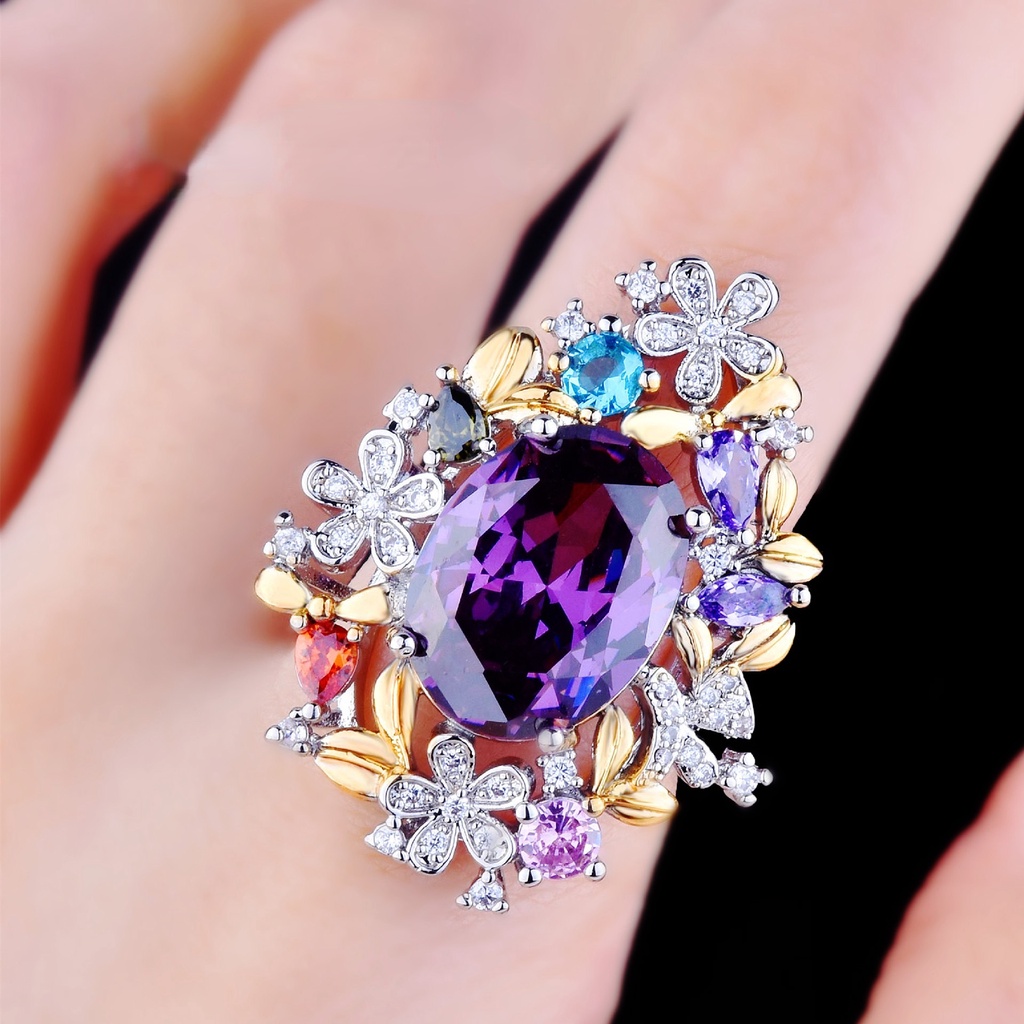 Goldkingdom Fashion Perhiasan Aksesoris Ready Stock Italia Duawarna Kerajinan Emas Asli Kadar 375 Rahasia Taman Liontin Mewah Penuh Berlian Amethyst Cincin Bunga Terang Anting
