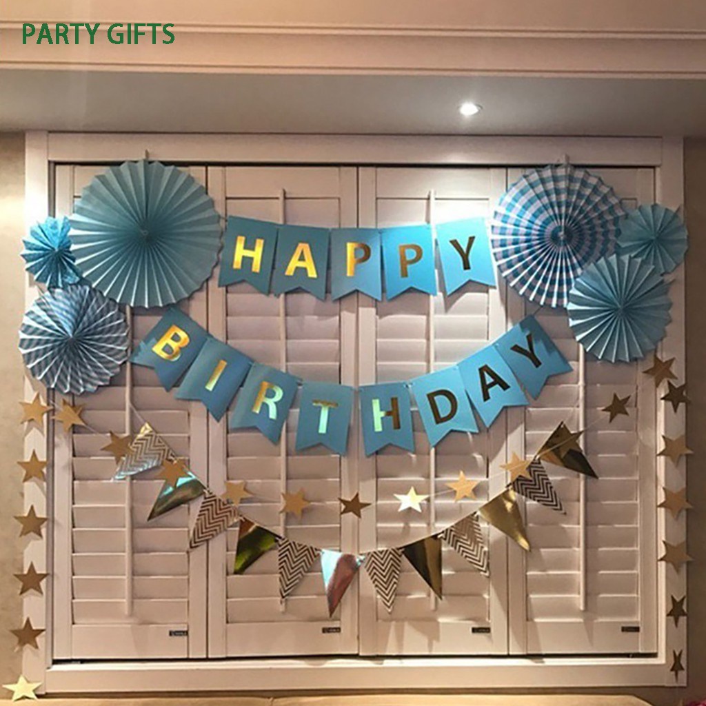 T&amp;Y Set Banner Happy Birthday Warna Warni Backdrop Pesta Bendera Bunting Ultah Segilima Banner Tulisan Ulang Tahun Polos Murah Import