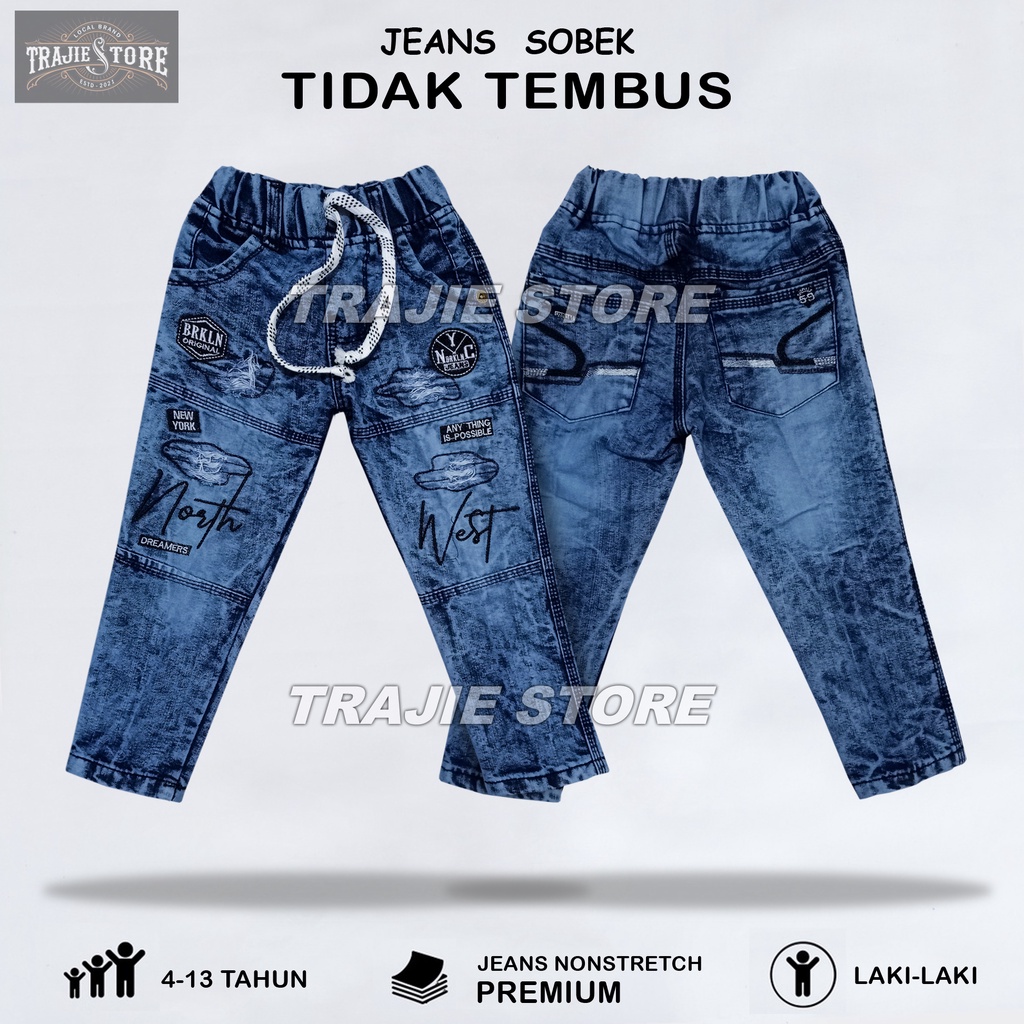 Celana Panjang Jeans Anak Laki Laki Model Sobek Bahan Denim Nonstretch Warna Biru Snow Pinggang Kare