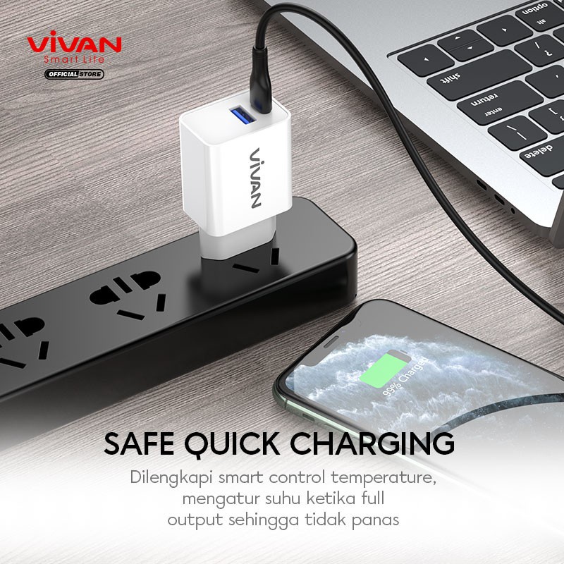 Charger VIVAN Power 25 25W 3A Quick Charging Fast Charging + Type C Port Smart Protection - Garansi Resmi 1 Tahun