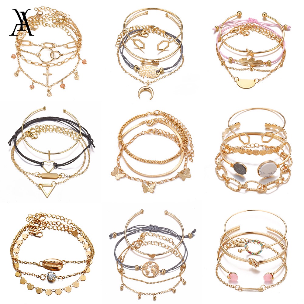 AY(CN) Set Gelang Rantai Multilayer Desain Kupu-Kupu Warna Emas Gaya Retro Untuk Wanita