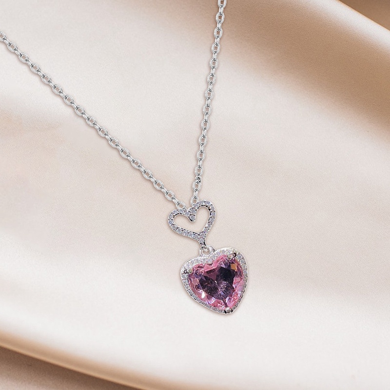 Kalung Liontin Kristal Pink Choker Rantai Hollow Hati Silver Untuk Aksesoris Perhiasan Wanita