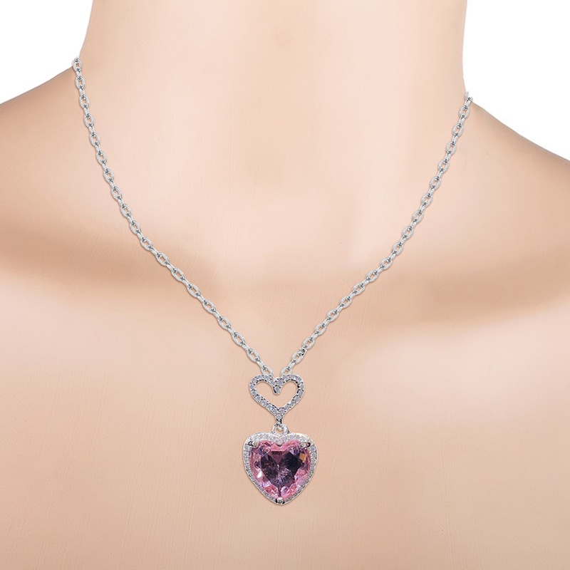 Kalung Liontin Kristal Pink Choker Rantai Hollow Hati Silver Untuk Aksesoris Perhiasan Wanita