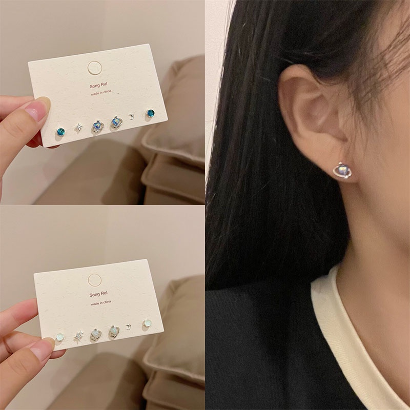 3pasang/set Anting Tusuk Fashion Alloy Berlian Imitasi Hati Bulan Geometris Untuk Wanita