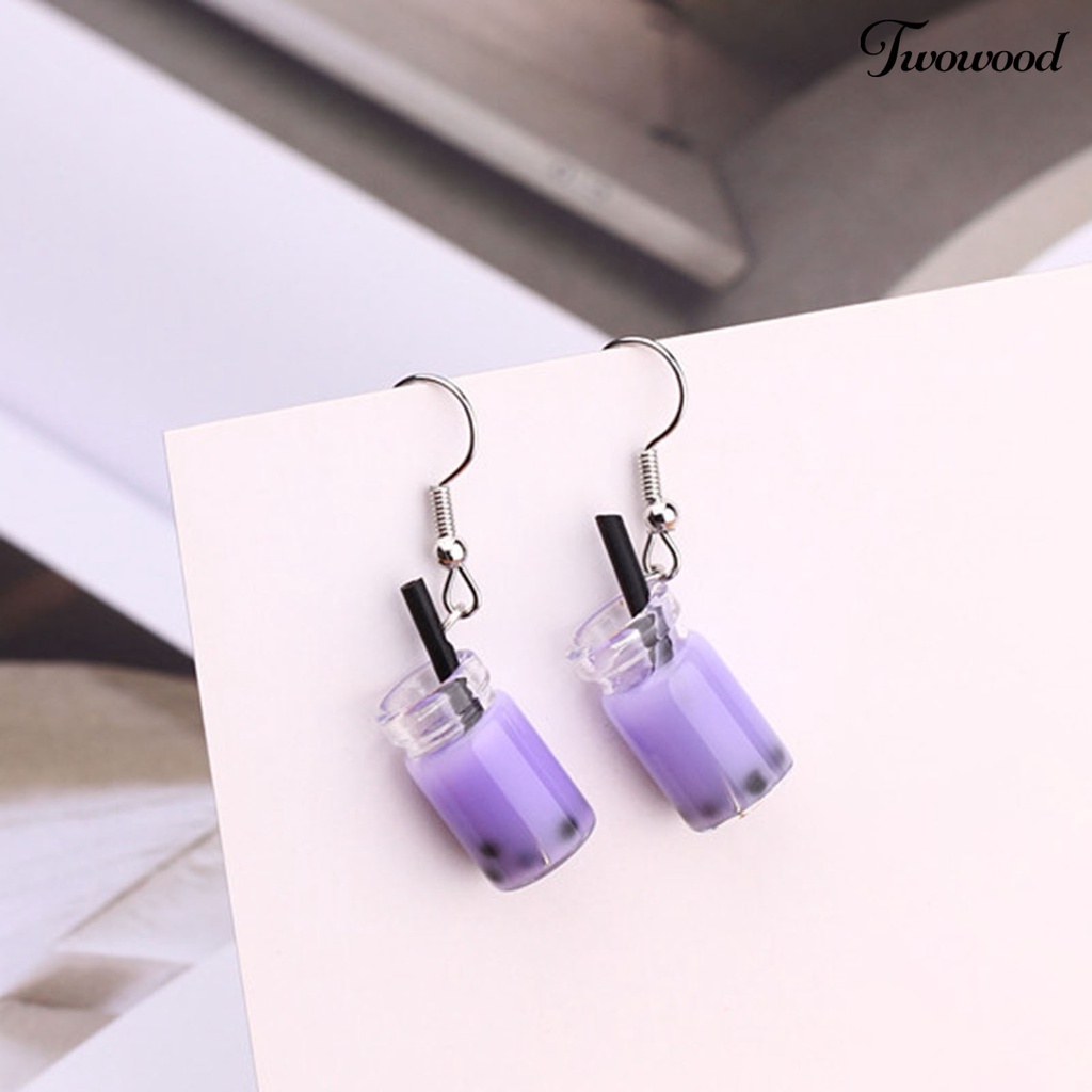 Twowood 1pasang Anting Kait Lucu Imut Gaya Sederhana Hypoallergenic Hadiah Kaca Teh Susu Liontin Wanita Menjuntai Anting Perhiasan Fashion