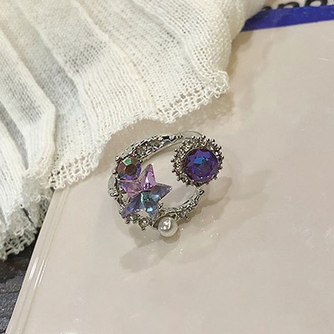 Retro Bulan Bintang Warna Perak Cincin Berlian Imitasi Mutiara Logam Rings Desain Terbuka Cincin Yang Dapat Disesuaikan Pacar Pasangan Rings Wanita Aksesoris Fashion