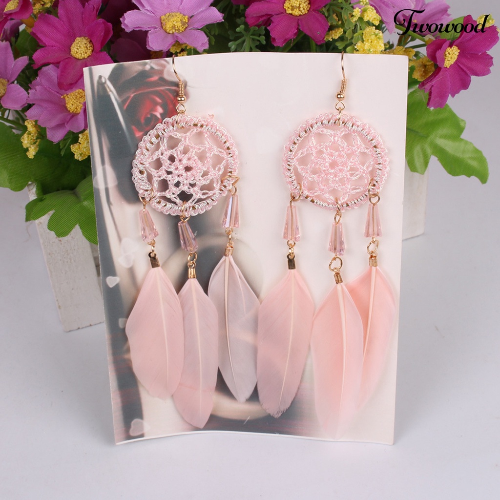 Twowood 1pasang Anting Kait Gaya Etnik Geometris Handmade Liontin Temperamen Dekorasi Aksesori Dreamcatcher Vintage Boho Artificial Bulu Rumbai Anting