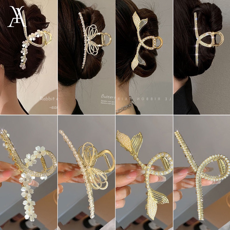 AY(CN) Jepit Rambut Bentuk Bunga Opal Aksen Mutiara Kristal Warna Emas Silver Untuk Wanita