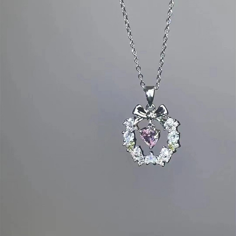 Ladies Fashion Bowknot Heart Necklace Crystal Rhinestone Necklace