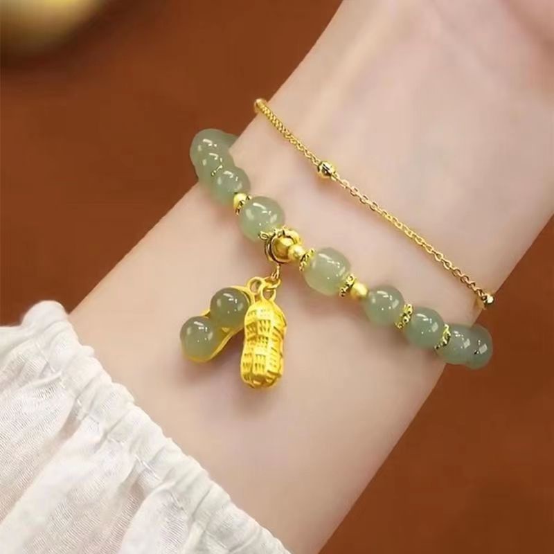 Goodwill Peanut Double-Chain Gelang Ditiru Hetian Jade Beads Warna Emas Peanut Pendant Bracelet Perempuan Elegan Retro Perhiasan Gaya Cina Aksesoris