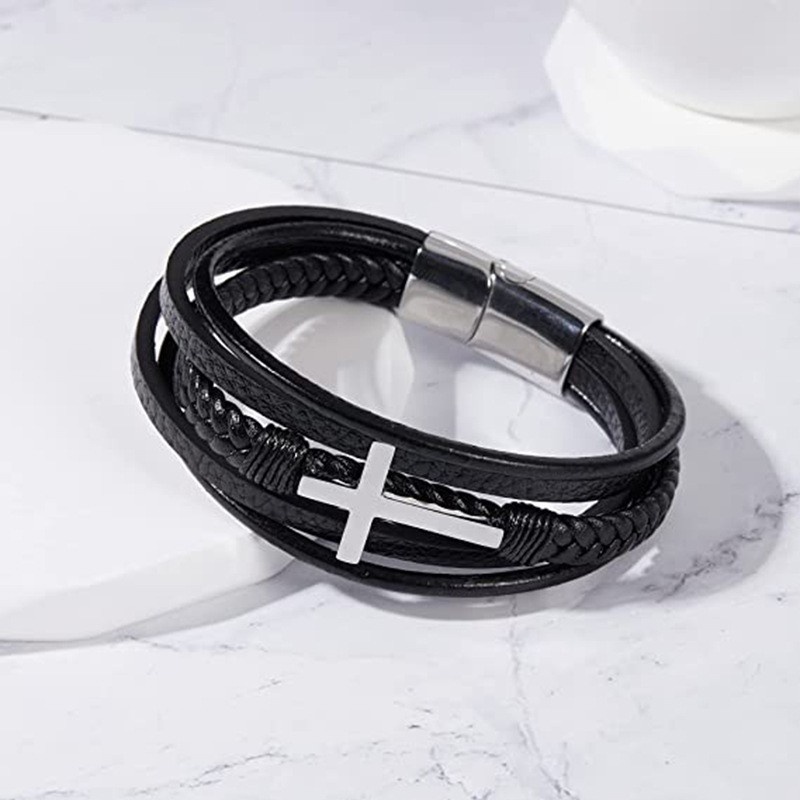 Cross-border DIY Gelang Laser Fashion Gelang Tali Kulit Paduan Tiga Lapis Dikepang Pria Multi-Layer Gelang Kulit