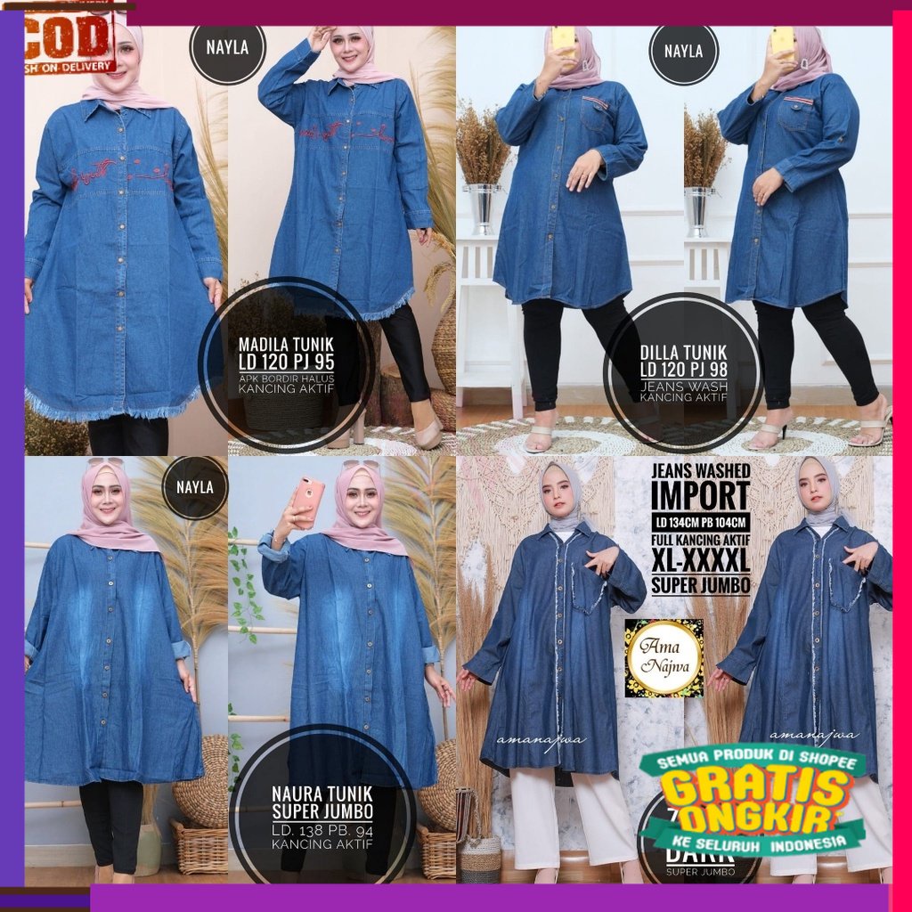 RAMADHAN SALE IDUL FITRI Baju Wanita Dewasa Tunik Jeans Jumbo Ld 120 Ld 130 Ld 140 Ld 150 - Atasan S