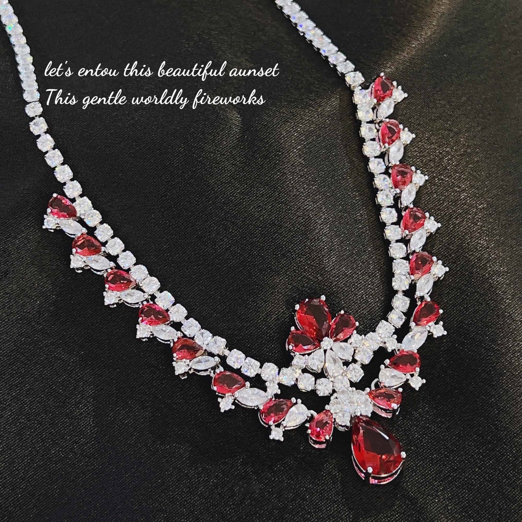 Goldkingdom Fashion Perhiasan Aksesoris Ready Stock Industri Berat Mewah Rantai Panjang Set Eropa Dan Amerika Dove Blood Ruby Banquet Engagement Bride Necklace