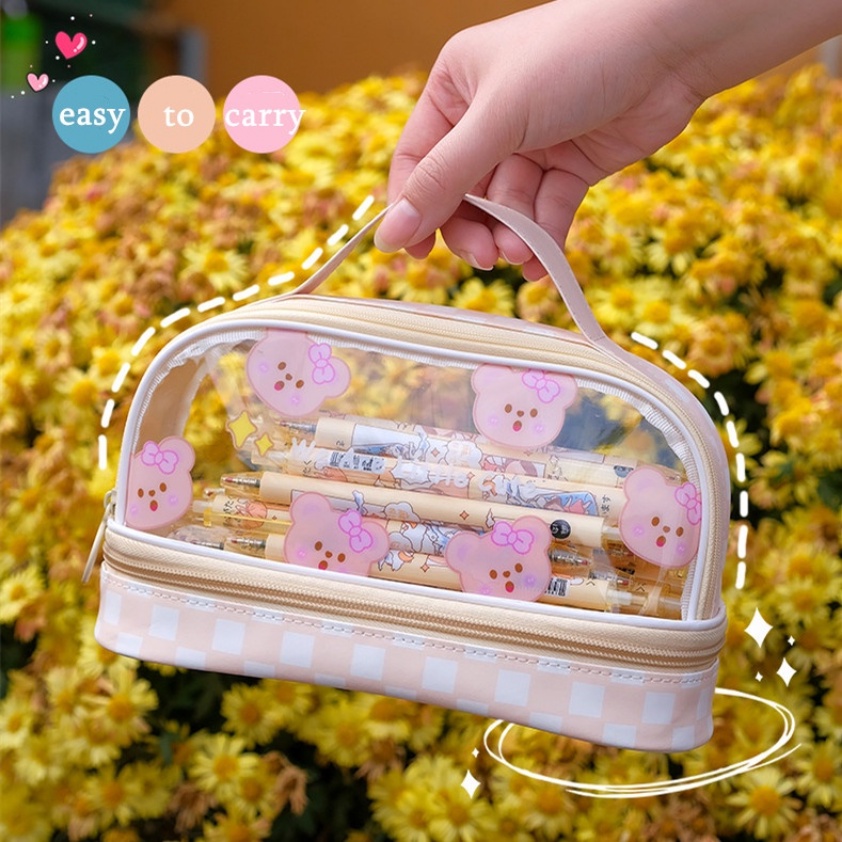 [Kapasitas] Ins PVC Pensil Case 2-Layer Siswa Anak Pulpen Tas Gadis Kawaii Sekolah Pen Case Tas Kosmetik Tas Multifungsi