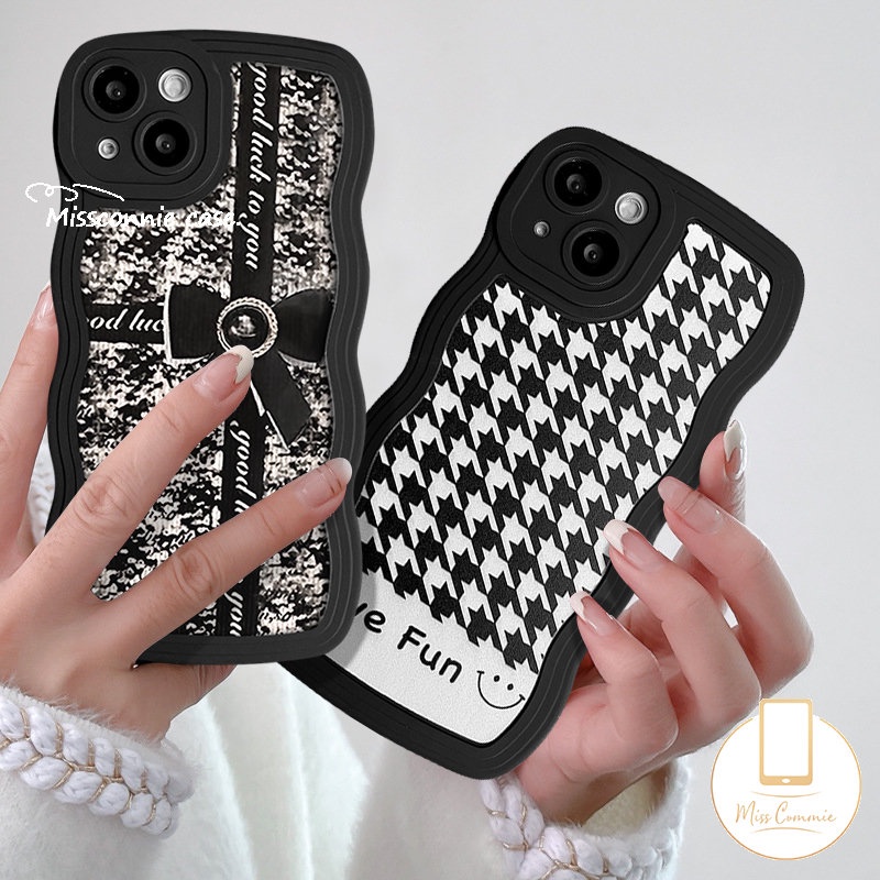 Casing Redmi A1 12C 10 9A 9T 9 10A A1+10C 9C NFC POCO X3 NFC Pro M3 Redmi Note 11 11s 8 9 10 10s 11Pro 9s 10Pro Max Mi 11T Pro Motif Houndstooth Retro Bow-Knot Bergelombang Edeg Sarung