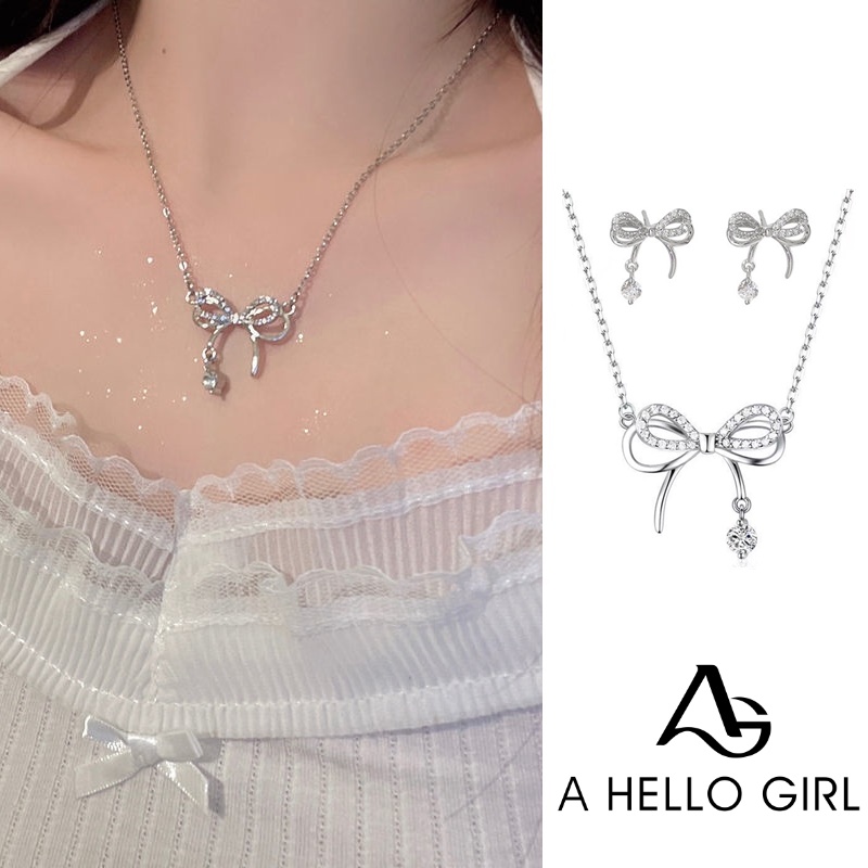 Women's Fashion Sweet Bow Necklace Earrings Crystal Silver Chain Pendant Necklace Jewelry Accessories