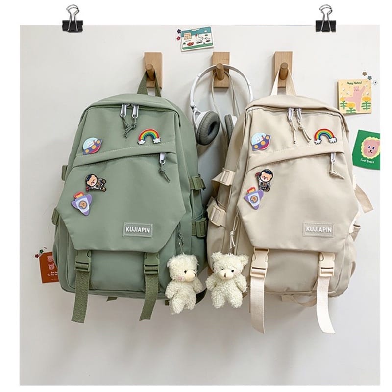 GROSIRTAS LV0260 Tas Ransel Wanita Kanvas Kujiapin Import Backpack Free Boneka Dan Pin Sticker