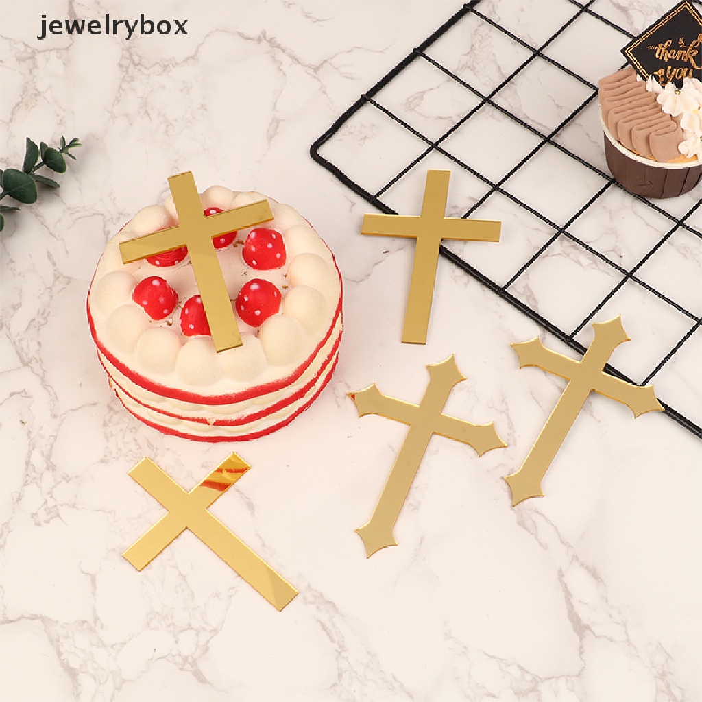 [jewelrybox] 5pcs 10 * 7cm Akrilik Salib Emas Topper Perjamuan Pertama Minimalis Sisipan Kue Butik