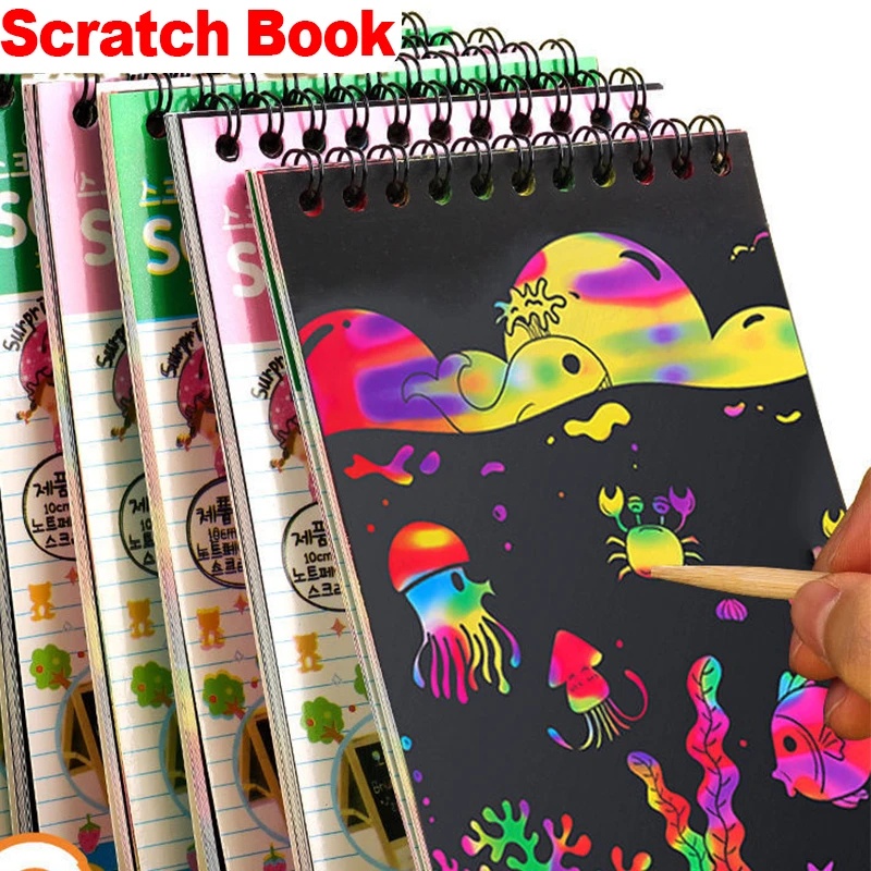 Anak DIY Scratch Painting Note Magic Rainbow Scraping Drawing Art Paper Dengan Graffiti Stensil Anak Notepad Mainan Alat Tulis