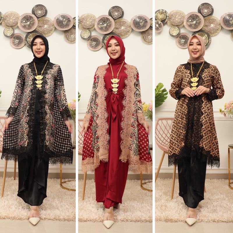 New Baju Batik Wanita Dress Kaftan Set Outer Viscose Lace Renda Pakaian Kondangan Pesta Lamaran Hija