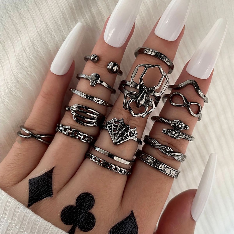 15pcs/set Punk Rock Stylish Spider Snake Rings Set Untuk Wanita Tak Terbatas8 Hantu Tidak Teratur Geometri Bersama Cincin Perhiasan