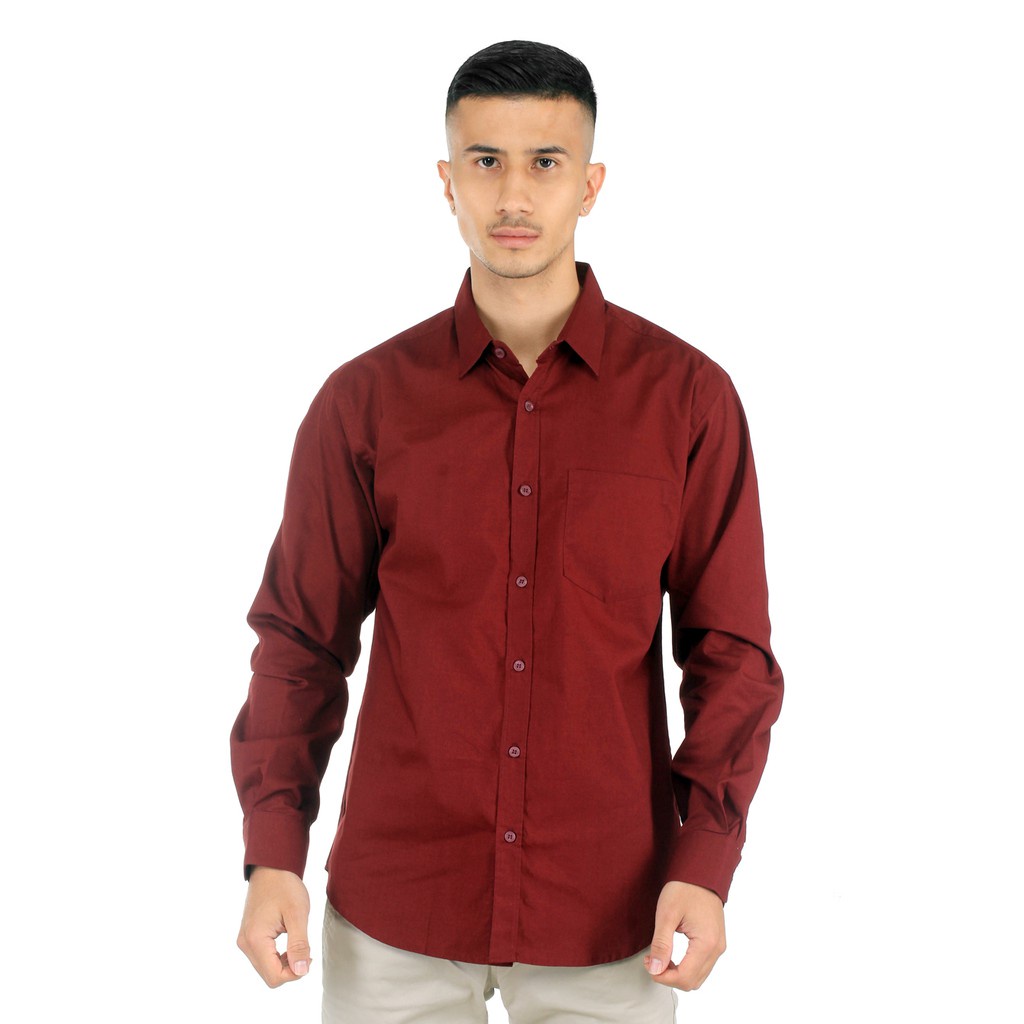 Kemeja Pria Basic Polos Lengan Panjang Katun Poplin Maroon