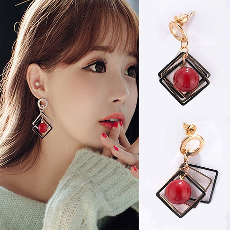 Versi Korea Gaya Baru Busur Lain Multi-Layer Persegi Sederhana Merah Mutiara Garnet Anting Perempuan Berkelas Anting-Anting