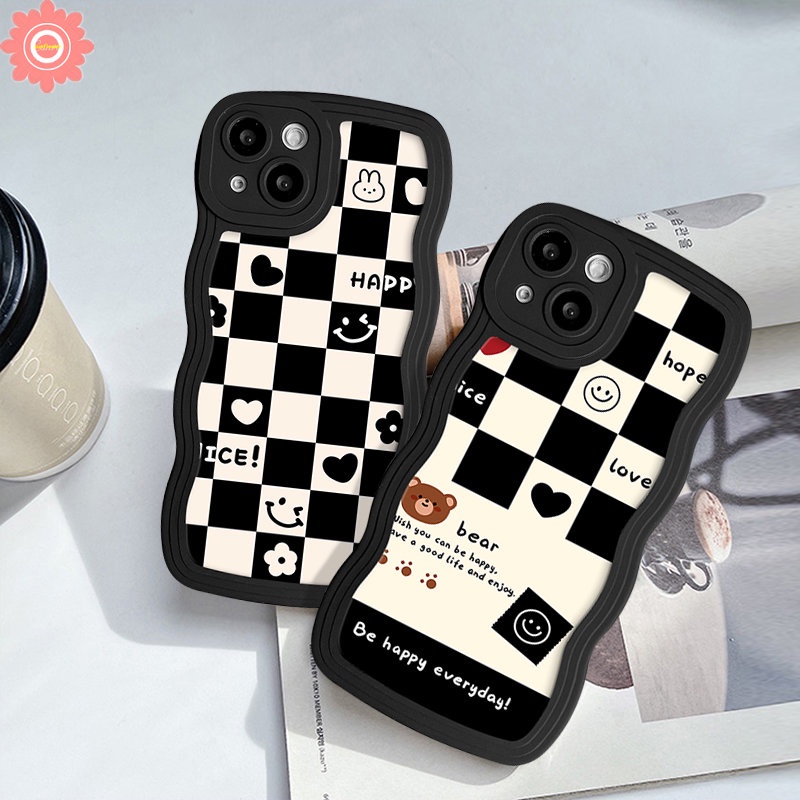 Infinix Smart 5 4 6 Plus Hot 11 10 Play 12 Pro 10Lite 11s 12i 20 20s 10T 9 8 Hot 10s 11s NFC Note 8 12 G96 10Pro 12Pro 12 2023 Couple Chessboard Cute Bear Smile Soft Wavy Edge Case