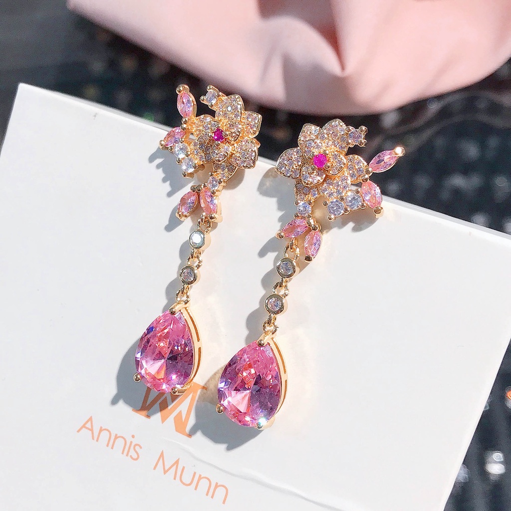 Goldkingdom Fashion Perhiasan Aksesoris Ready Stock Bunga Anting Stud Perak Jarum Tiga Dimensi Rose Pink Tetesan Air Berbentuk Permata Anting Kristal Panjang Anting Wanita