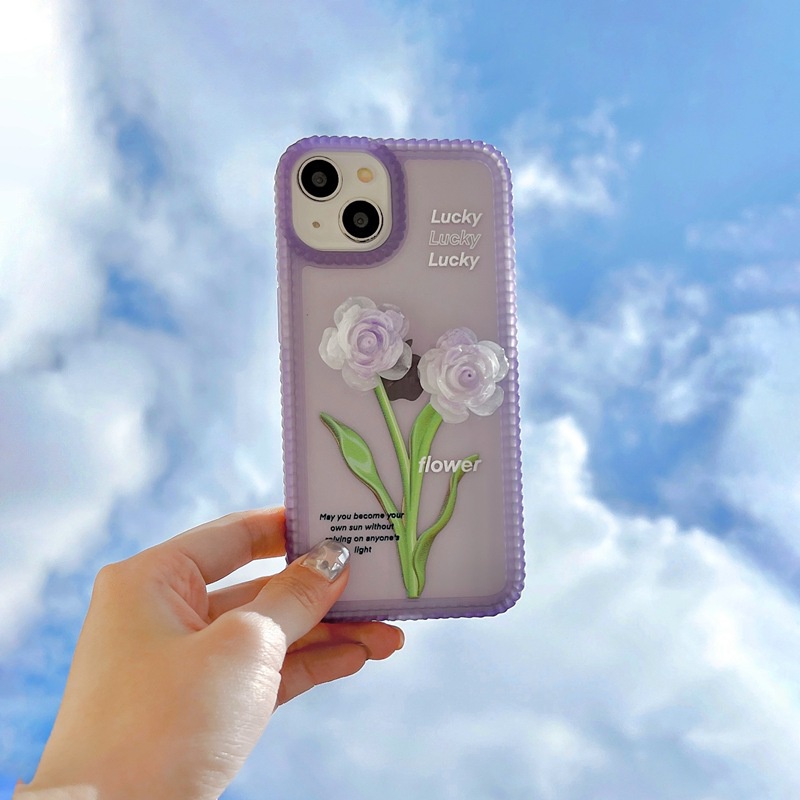 Luminous！3D Purple Rose Biscuit Edge Soft Case Casing Apple HP iP iPhone 12 13 14 Pro Max 11